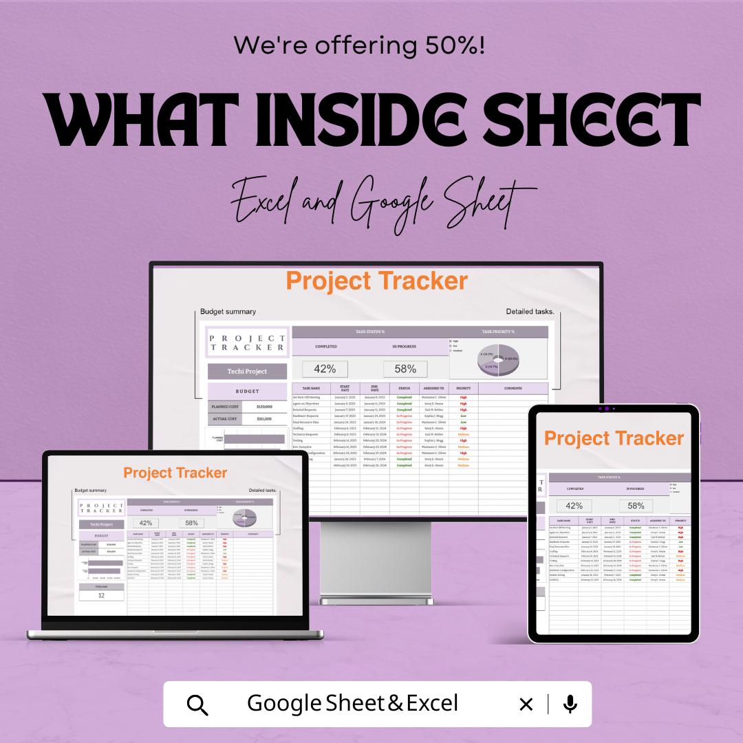 Project Tracker Template | Excel & Google Sheets | Project Management Spreadsheet | Task, Budget and Progress Tracker