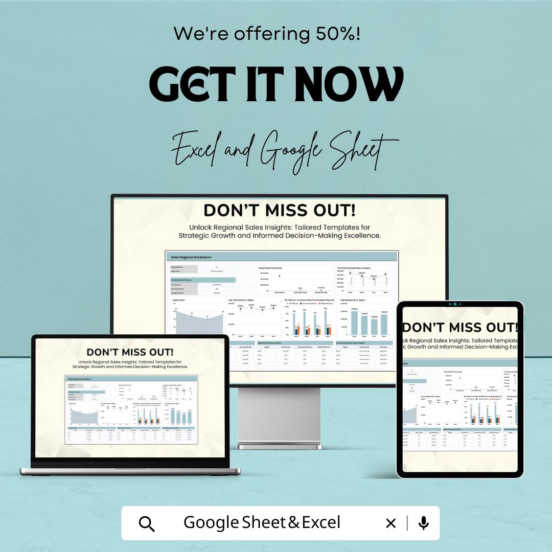 Sales Regional Breakdown Template | Excel & Google Sheet Dashboard | Regional Sales Report | Sales Analysis Template | KPI Tracker |