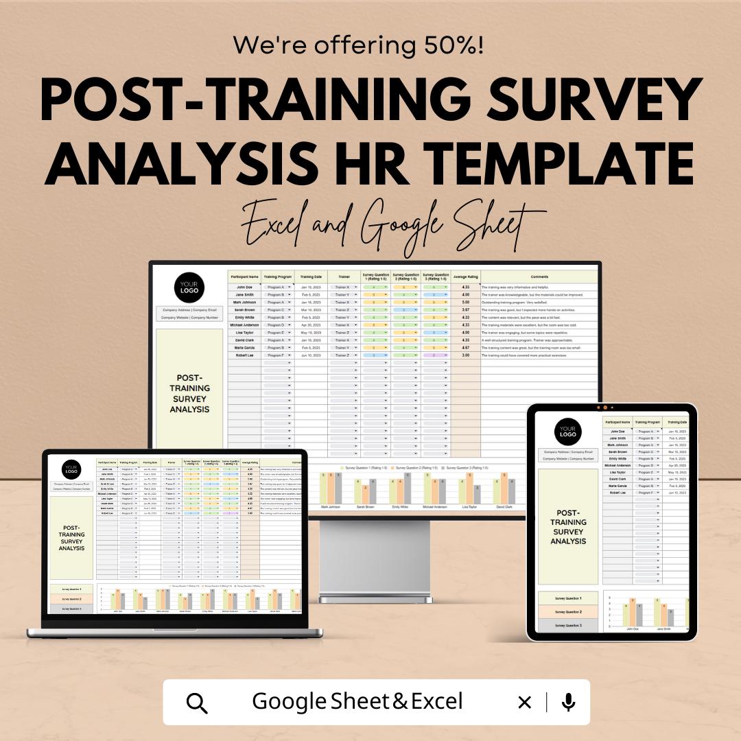 Post-Training Survey Analysis HR Template, Training Feedback Tracker, Employee Survey Spreadsheet, HR Evaluation Tool
