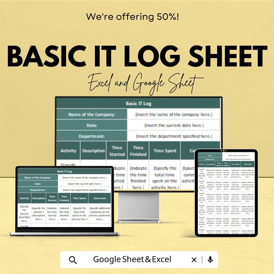 Basic IT Log Sheet | Google Sheets & Excel Template | Editable IT Activity Tracker, Time Log, Task Record Sheet for Teams