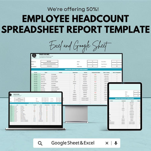Employee Headcount Spreadsheet Report Template | HR Workforce Tracker | Employee Management Dashboard | Excel & Google Sheets |