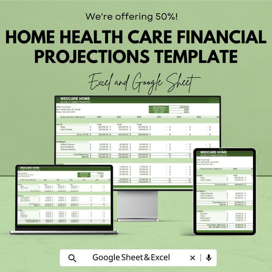 Home Health Care Financial Projections Template | Revenue & Expense Forecast | Healthcare Profit and Loss Template