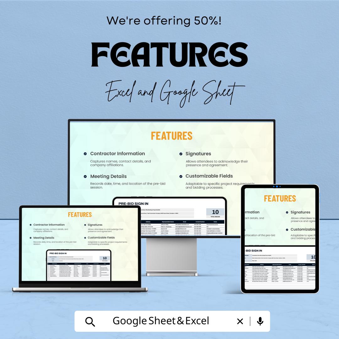 Pre-Bid Sign-In Sheet | Excel & Google Sheets Template | Bid Meeting Tracker | Contractor Registration | Instant Download