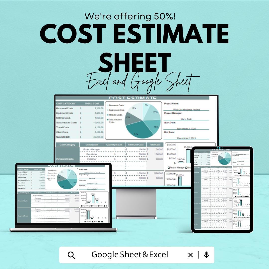 Cost Estimate Sheet - Excel & Google Sheets Template for Project Cost Estimation - 50% Off