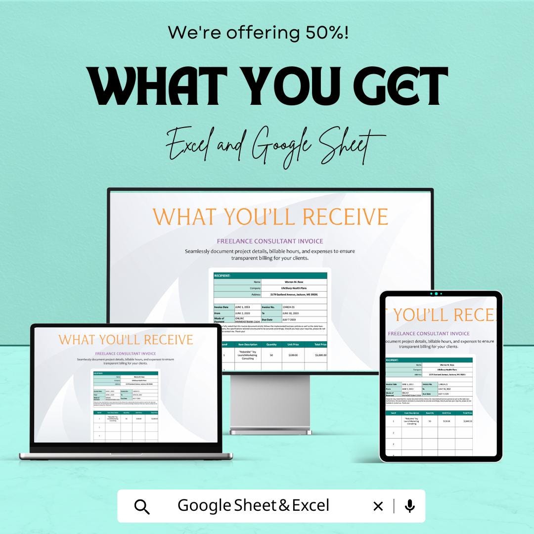 Freelance Consultant Invoice Sheet - Excel and Google Sheet Template | Professional Billing & Invoice Tracker | 50% Off