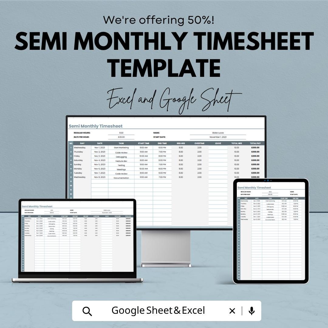 Semi Monthly Timesheet Template | Employee Timesheet Spreadsheet | Payroll Time Tracker Template