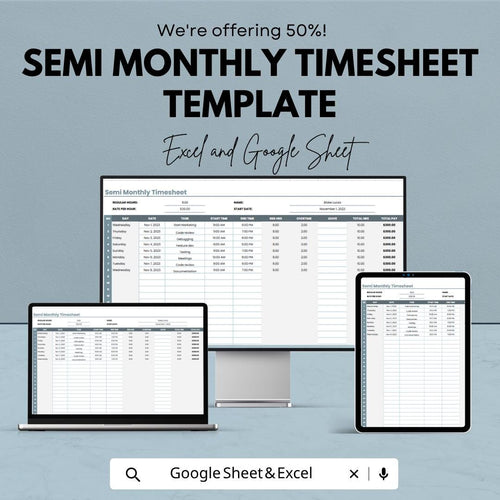 Semi Monthly Timesheet Template | Employee Timesheet Spreadsheet | Payroll Time Tracker Template