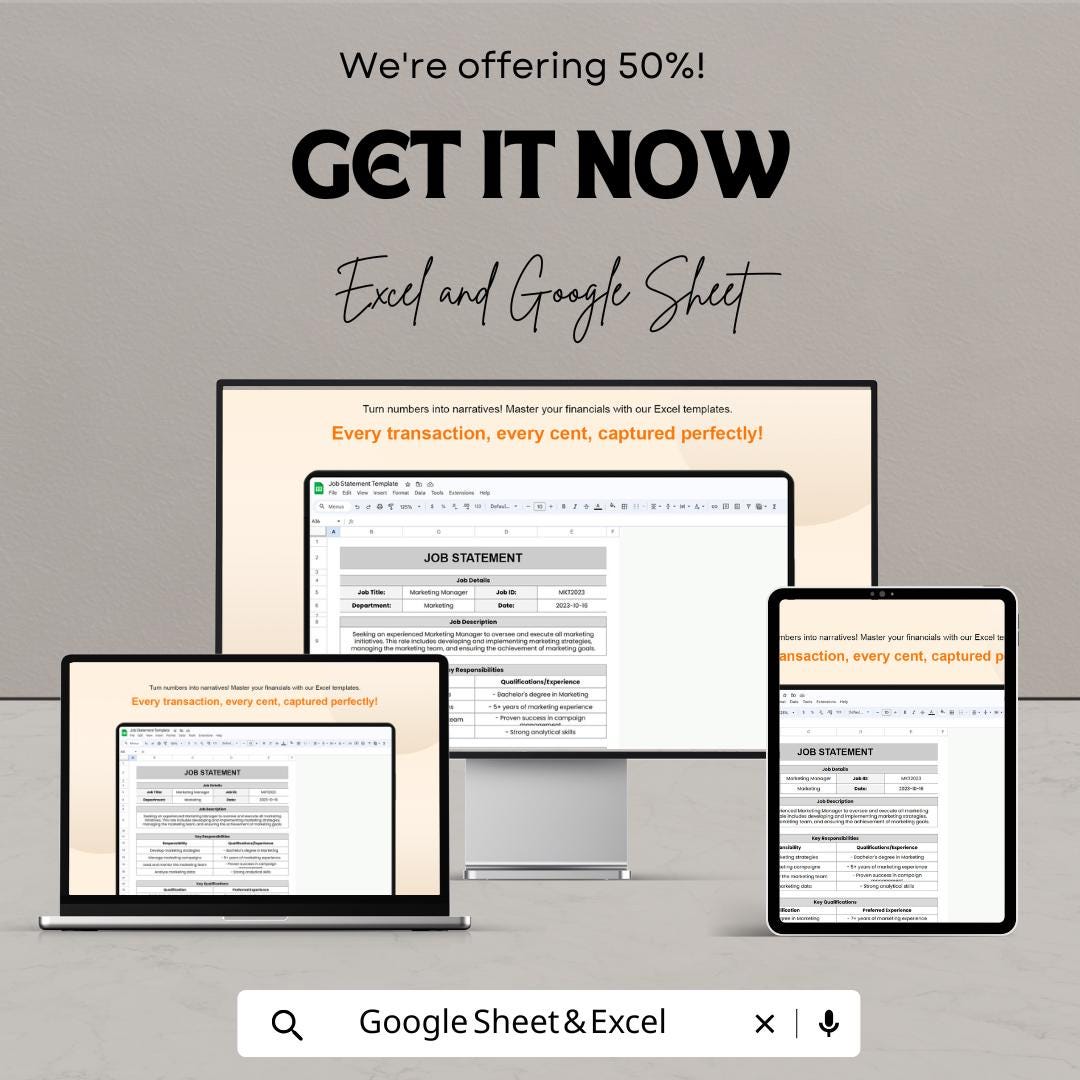 Job Statement Sheet | Google Sheets & Excel | Editable Job Description Template | HR Document | Instant Download | PDF + XLSX Format