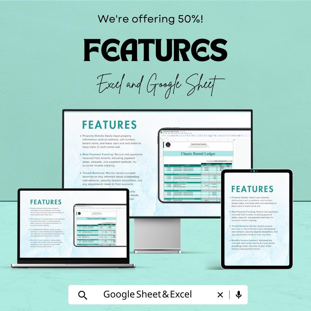 Classic Rental Ledger Template | Excel & Google Sheets | Rent Payment Tracker | Tenant Ledger | Property Management Spreadsheet