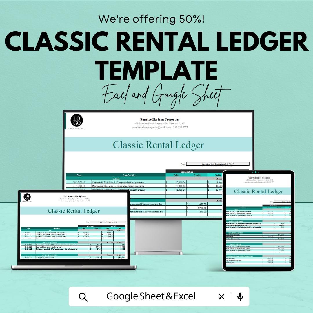 Classic Rental Ledger Template | Excel & Google Sheets | Rent Payment Tracker | Tenant Ledger | Property Management Spreadsheet