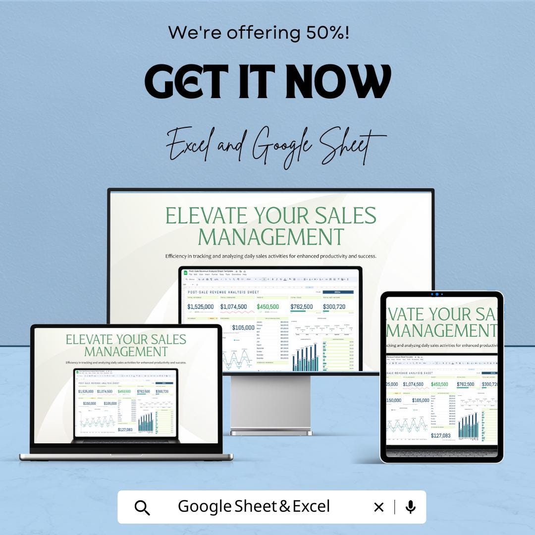 Post-Sale Revenue Analysis Sheet Template | Sales Dashboard Excel & Google Sheets | Revenue Tracker | Profit and Expense Tracker |