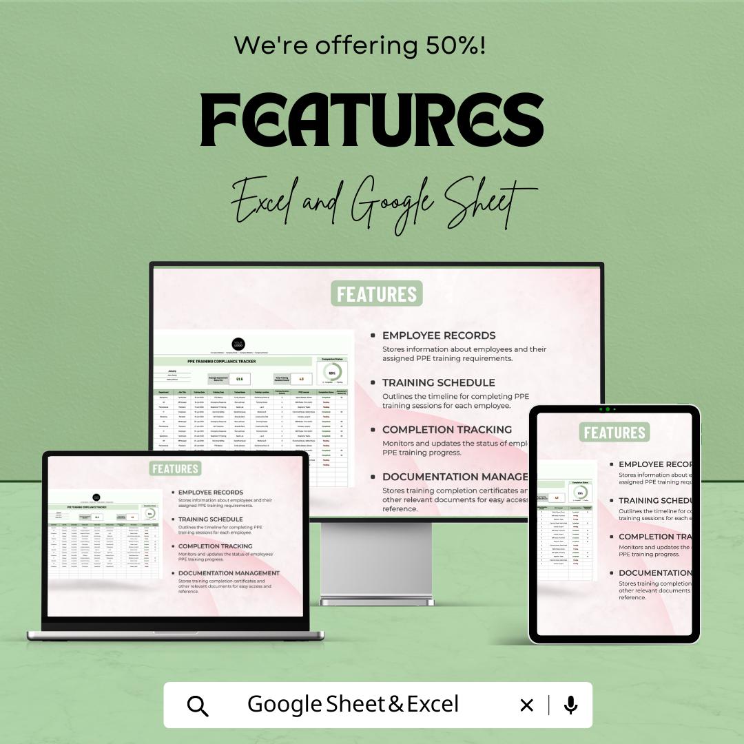 PPE Training Compliance Tracker Template, Safety Training Log, OSHA Compliance Spreadsheet, Employee Training Tracker, Excel & Google Sheets