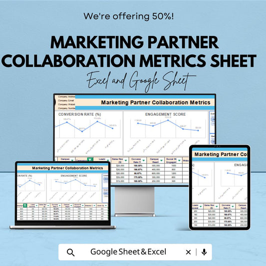 Marketing Partner Collaboration Metrics Sheet | Excel & Google Sheet | 50% OFF | Performance Tracking and Goal Setting Template