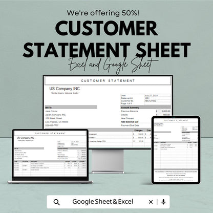 Customer Statement Sheet | Google Sheets  | Financial Statement | Billing Statement | Payment Tracking | Customizable Invoice Template