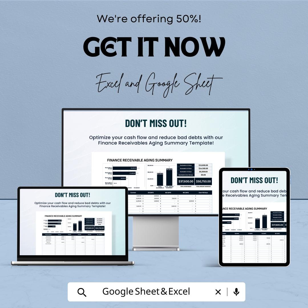 Finance Receivables Aging Summary Template, Accounts Receivable Tracker, AR Aging Report, Cash Flow Spreadsheet, Excel Google Sheets