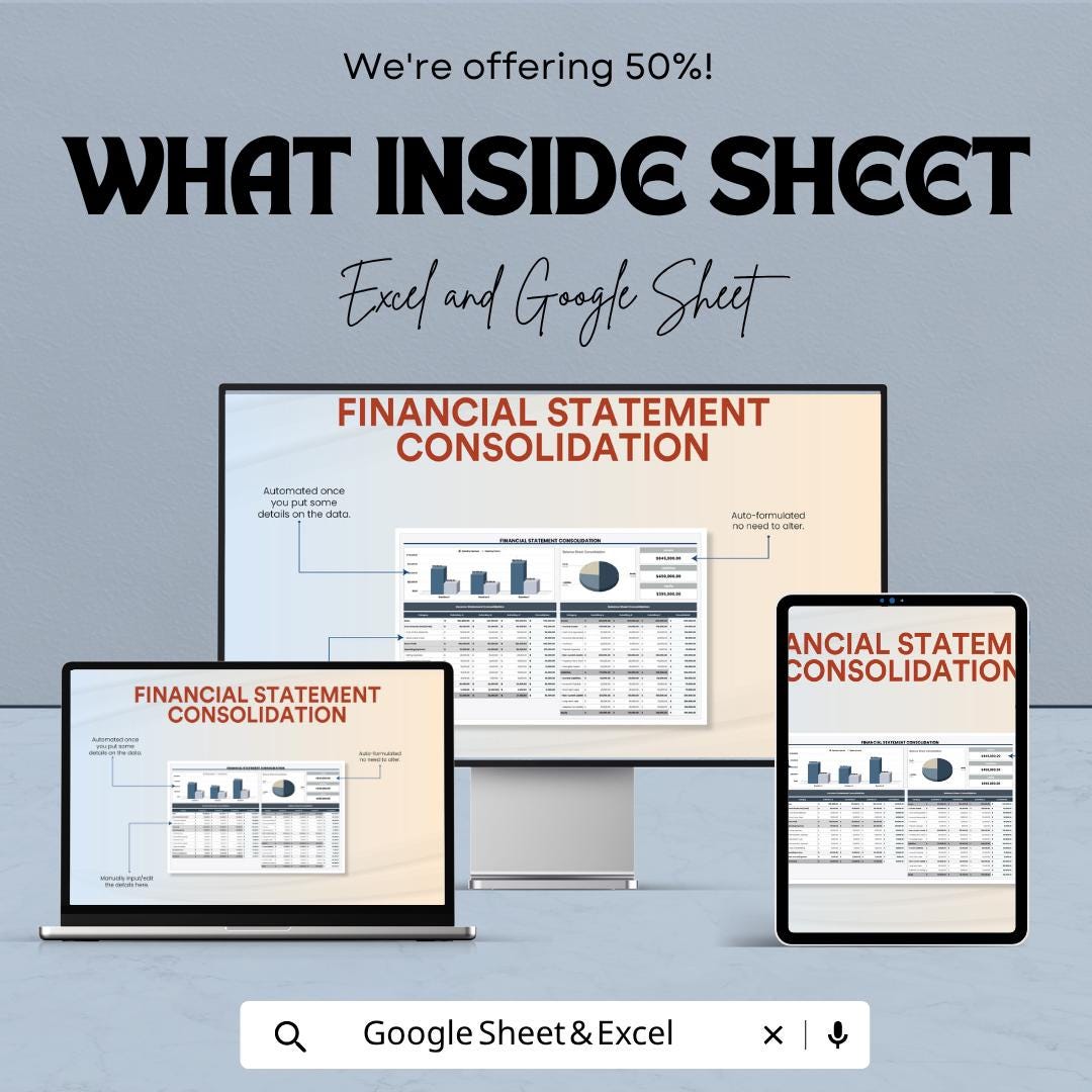 Financial Statement Consolidation Template | Consolidated Financials Spreadsheet | Income Statement & Balance Sheet Tool