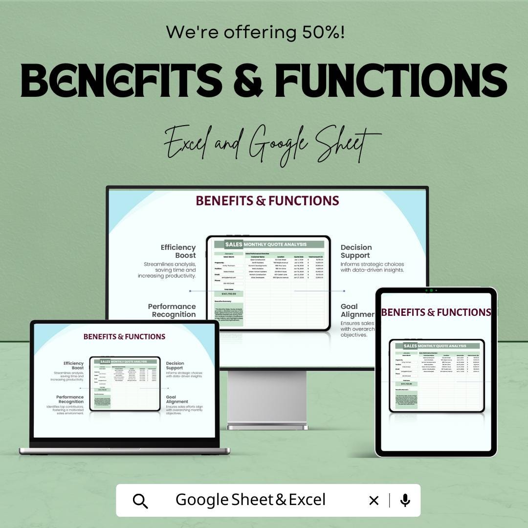 Sales Monthly Quote Analysis Template | Sales Tracker Dashboard | Quote Management | Monthly Report Sheet for Business