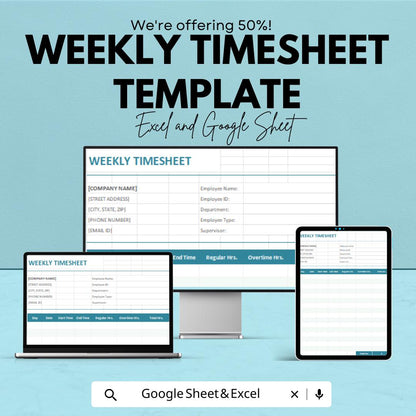 Weekly Timesheet Template | Employee Timesheet | Work Hours Tracker | Timesheet Excel & Google Sheets | Weekly Work Log | Payroll Timesheet