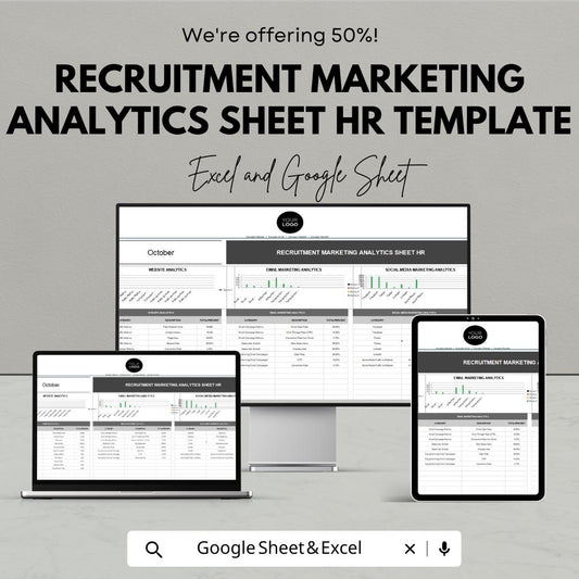 Recruitment Marketing Analytics Sheet HR Template | HR Dashboard Excel Google Sheet | Recruitment KPI Tracker | Recruitment Metrics Template