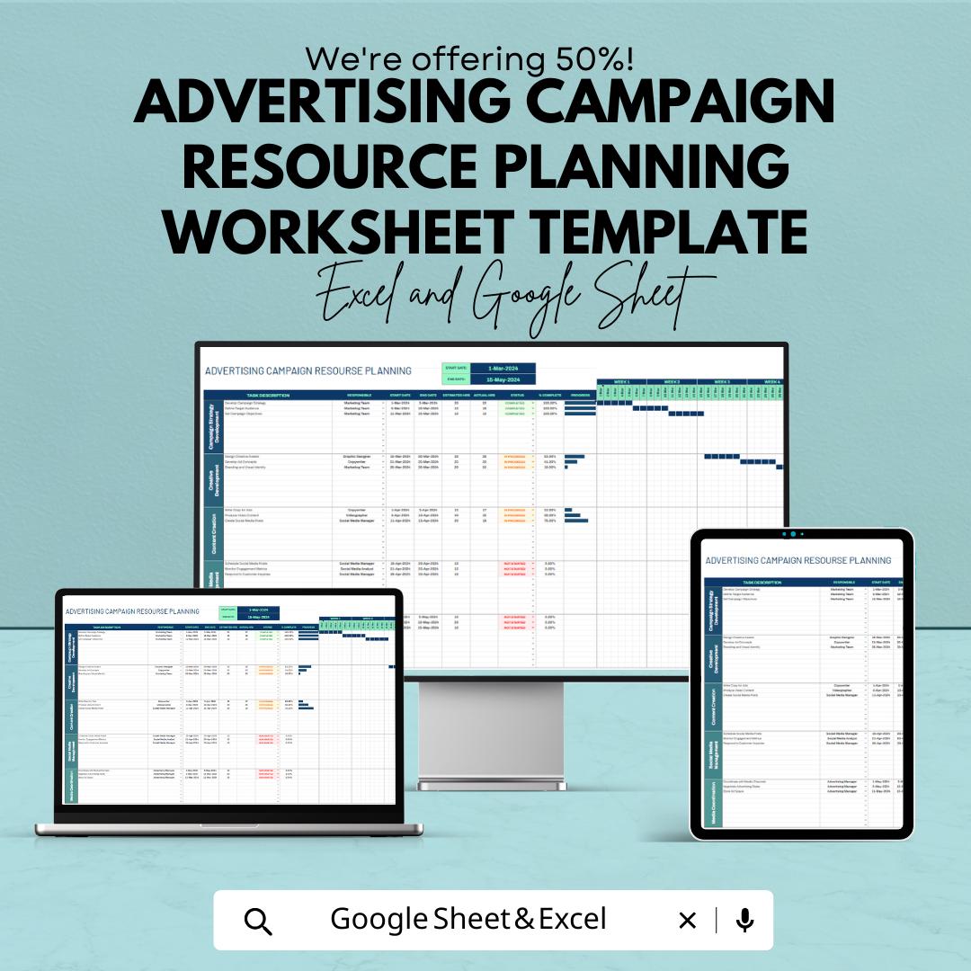 Advertising Campaign Resource Planning Template  | Marketing Campaign Planner | Project Timeline Tracker | Campaign Management Sheet