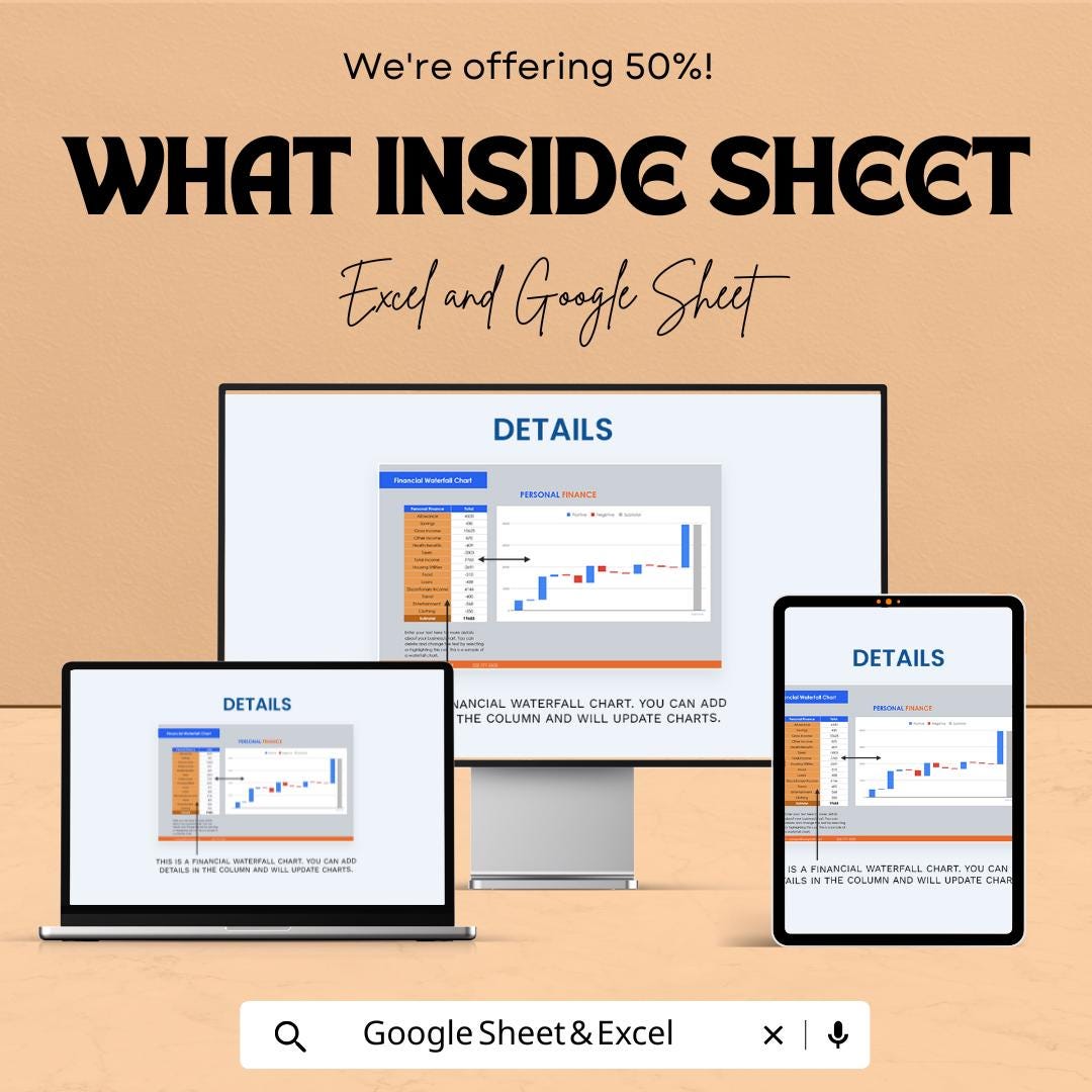 Financial Waterfall Chart Sheet for Excel & Google Sheets - 50% Off - Personal Finance Tracker
