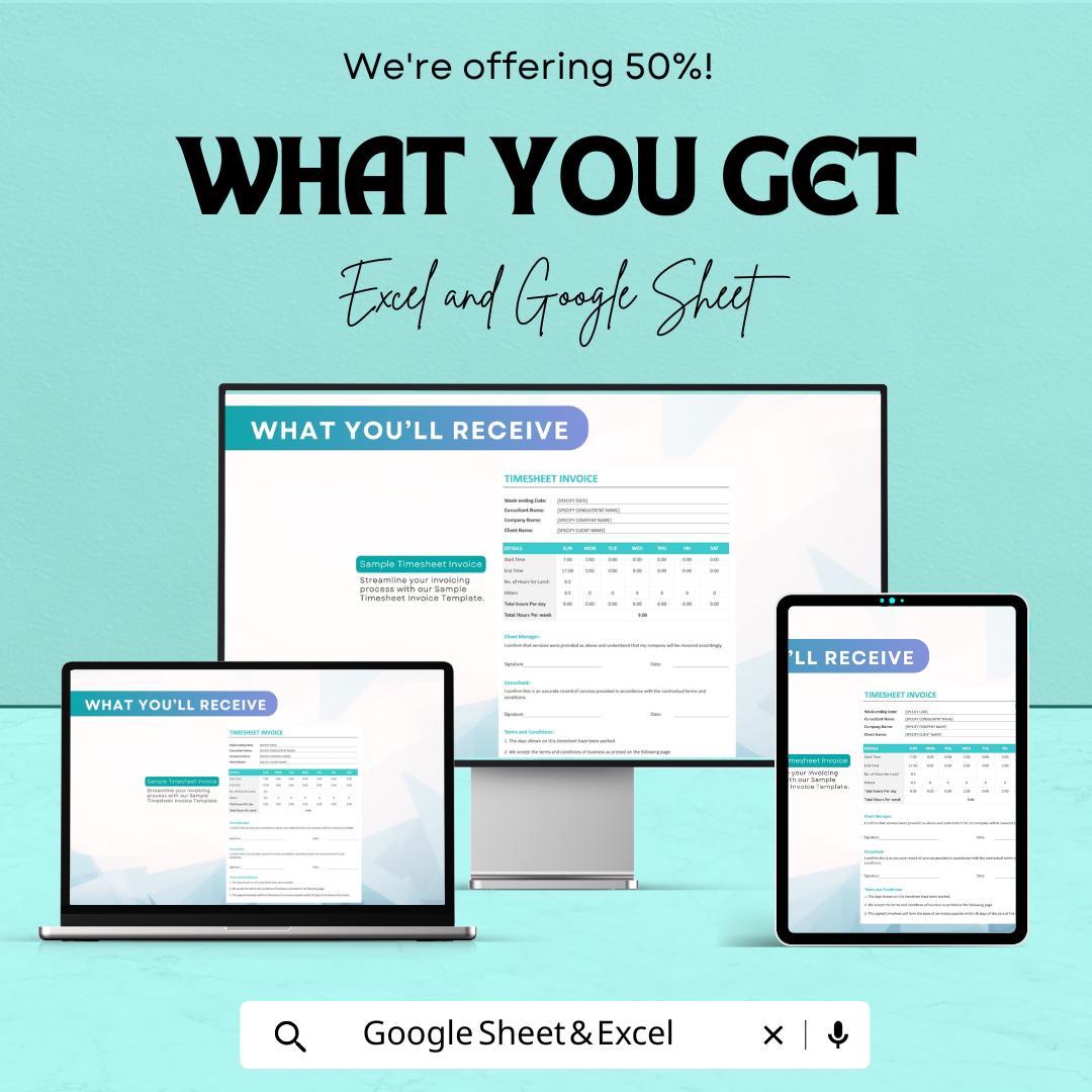 Sample Timesheet Invoice Sheet - Customizable Template for Freelancers, Excel & Google Sheets, Track Billable Hours and Payments