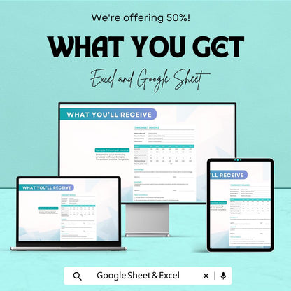 Sample Timesheet Invoice Sheet - Customizable Template for Freelancers, Excel & Google Sheets, Track Billable Hours and Payments