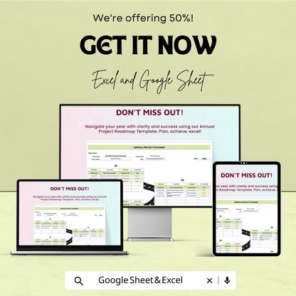 Annual Project Roadmap Sheet | Google Sheets Template | Project Planning, Goal Setting, Milestone Tracking, Timeline Visualization |