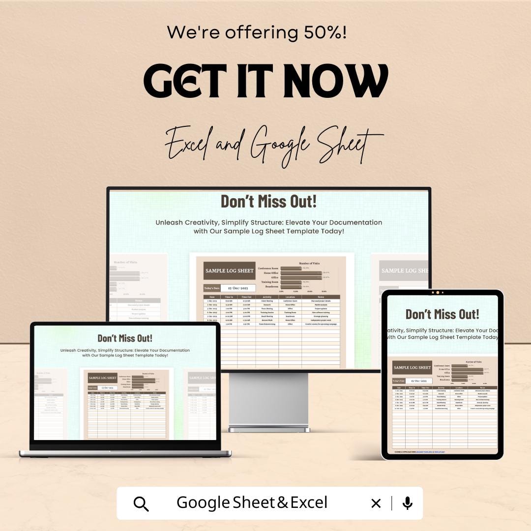 Sample Log Sheet | Excel and Google Sheets Template | Track Visits & Activities | Customizable Log Template | 50% Off
