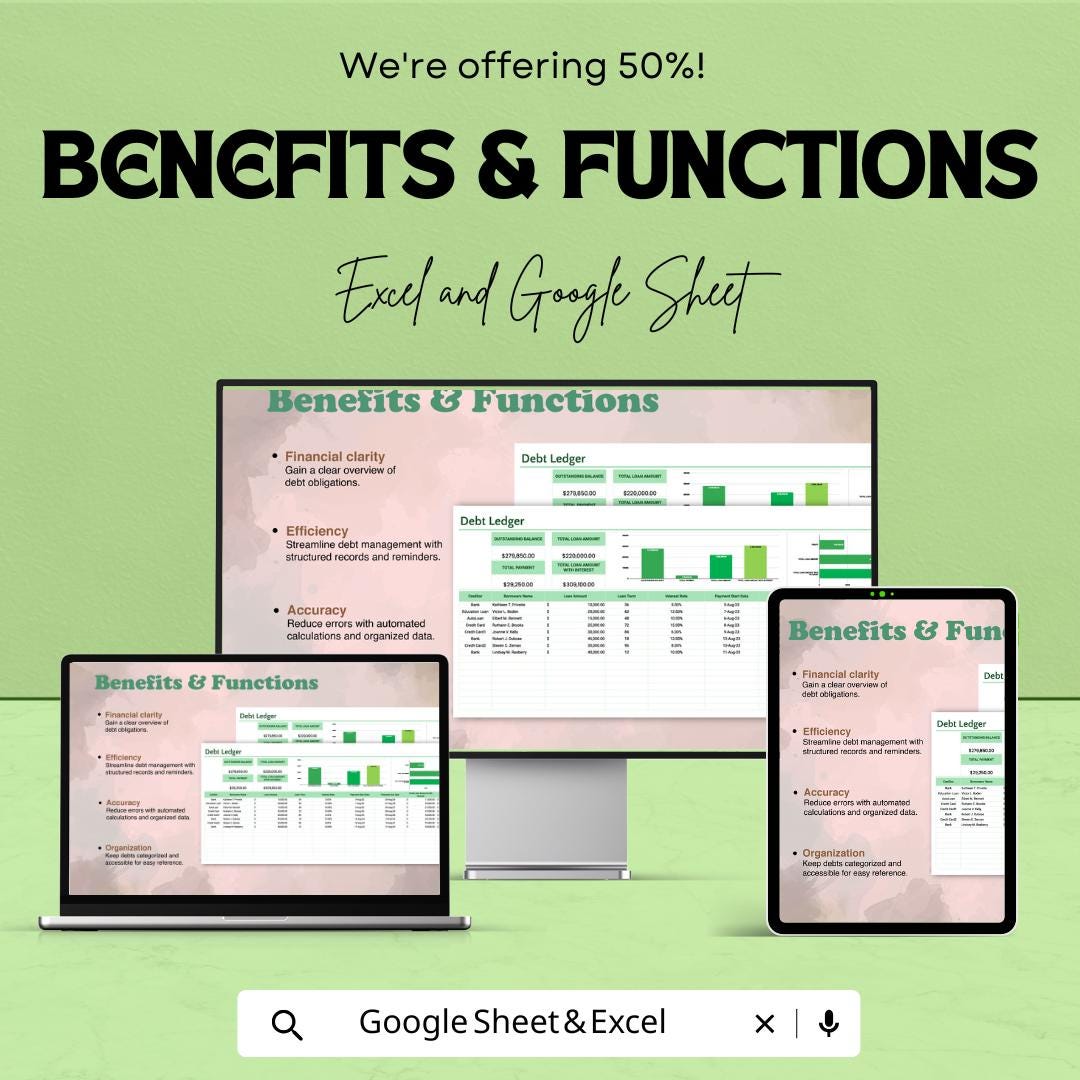 Debt Ledger Template | Debt Tracker | Loan Tracking Spreadsheet | Financial Planner | Debt Management Tool | Payment Tracker
