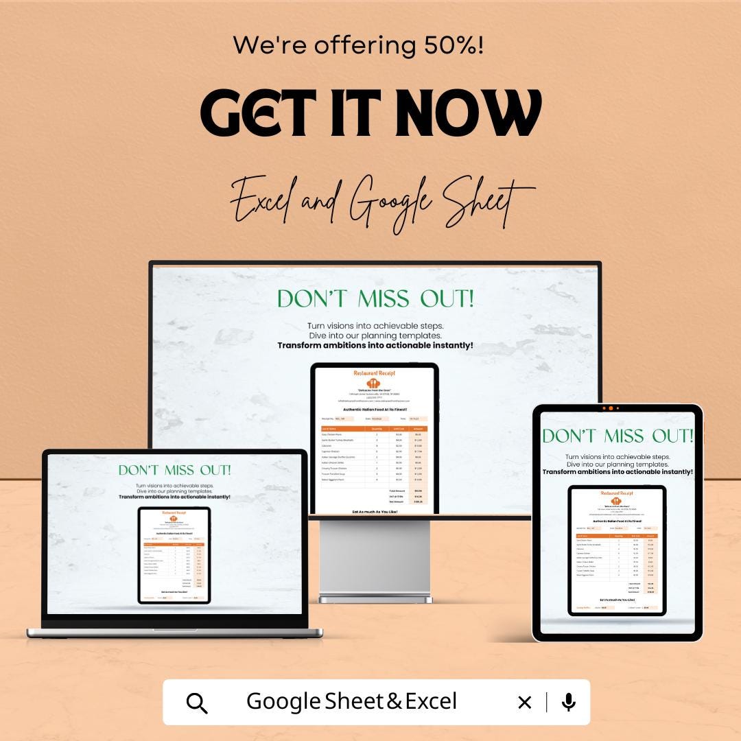 Simple Restaurant Receipt Sheet - Editable Excel & Google Sheet Template for Restaurant Orders and Transactions
