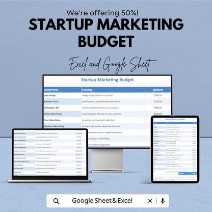 Startup Marketing Budget Template | Marketing Budget Spreadsheet | Business Budget Planner | Expense Tracker Template |