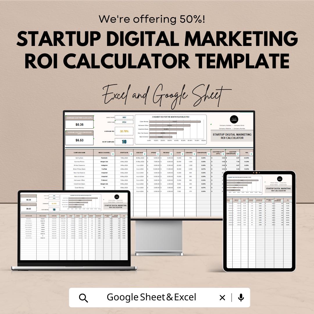 Startup Digital Marketing ROI Calculator Template | Excel & Google Sheets | Marketing ROI Tracker | Startup Ad Budget Calculator |