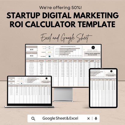 Startup Digital Marketing ROI Calculator Template | Excel & Google Sheets | Marketing ROI Tracker | Startup Ad Budget Calculator |