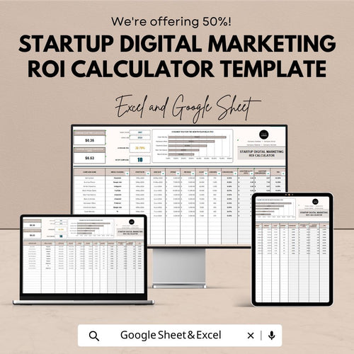 Startup Digital Marketing ROI Calculator Template | Excel & Google Sheets | Marketing ROI Tracker | Startup Ad Budget Calculator |