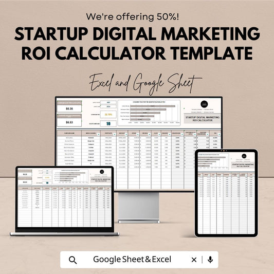 Startup Digital Marketing ROI Calculator Template | Excel & Google Sheets | Marketing ROI Tracker | Startup Ad Budget Calculator |