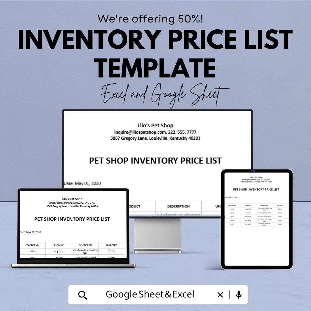 Inventory Price List Template | Product Price Sheet | Business Pricing List | Excel & Google Sheets | Editable Inventory Spreadsheet