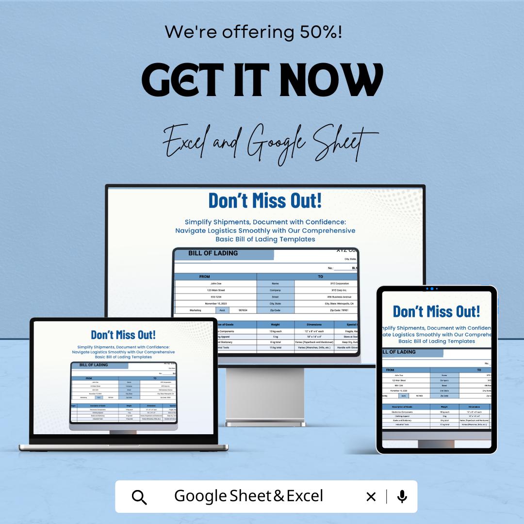 Bill of Lading Format Template - Excel & Google Sheets, Shipping Documentation, Freight Bill, Logistics Tracker, Digital Download,