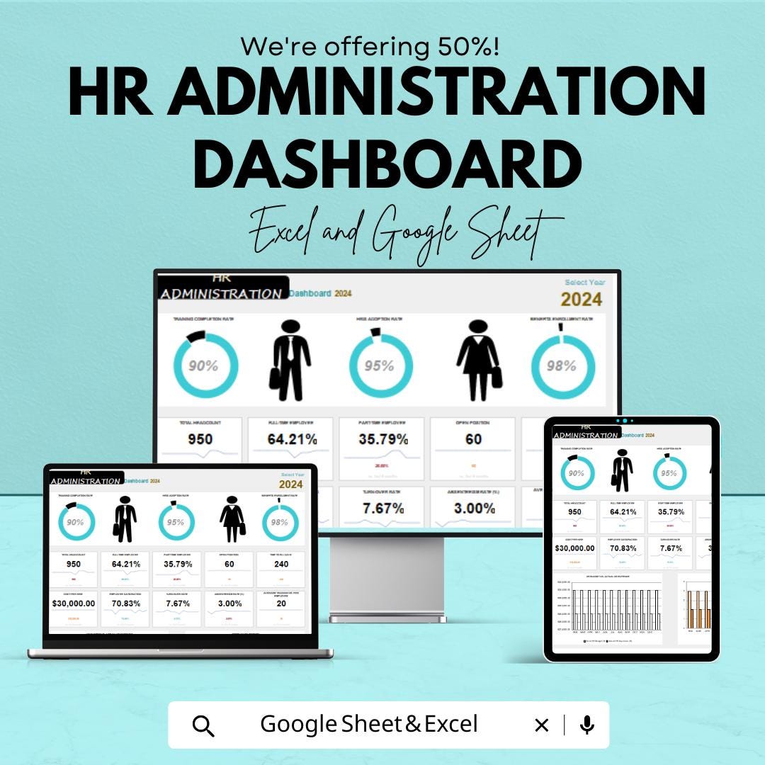 HR Administration Dashboard Sheet for Employee Analytics | Google Sheet Template | HR Metrics & Performance Tracker | HR Analytics Tool