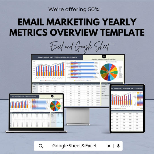 Email Marketing Yearly Metrics Overview Template | Email Analytics Dashboard | KPI Tracker Spreadsheet | Email Performance Report