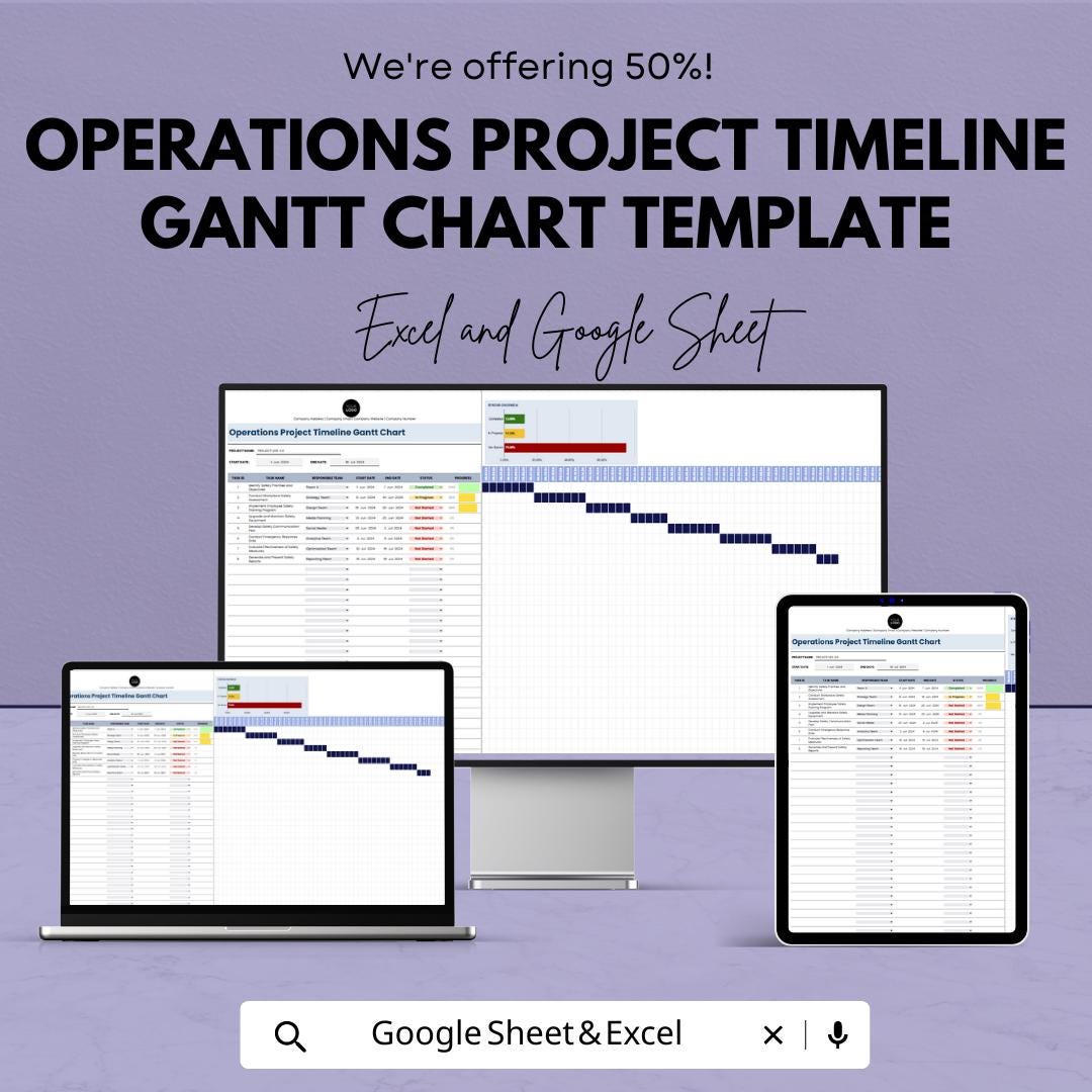 Operations Project Timeline Gantt Chart Template | Project Schedule Tracker | Excel & Google Sheets