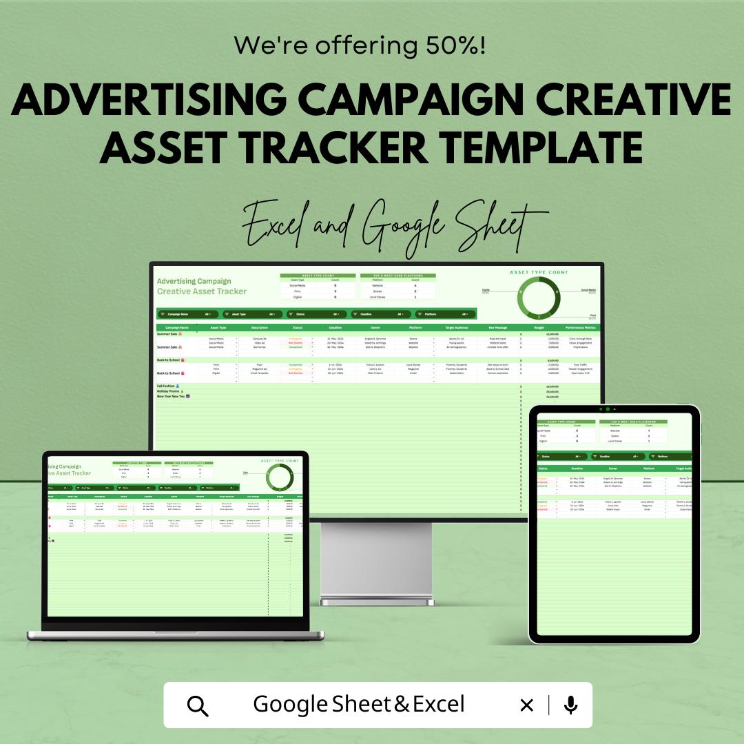 Advertising Campaign Tracker, Creative Asset Tracker Template, Marketing Content Planner, Campaign Management Spreadsheet