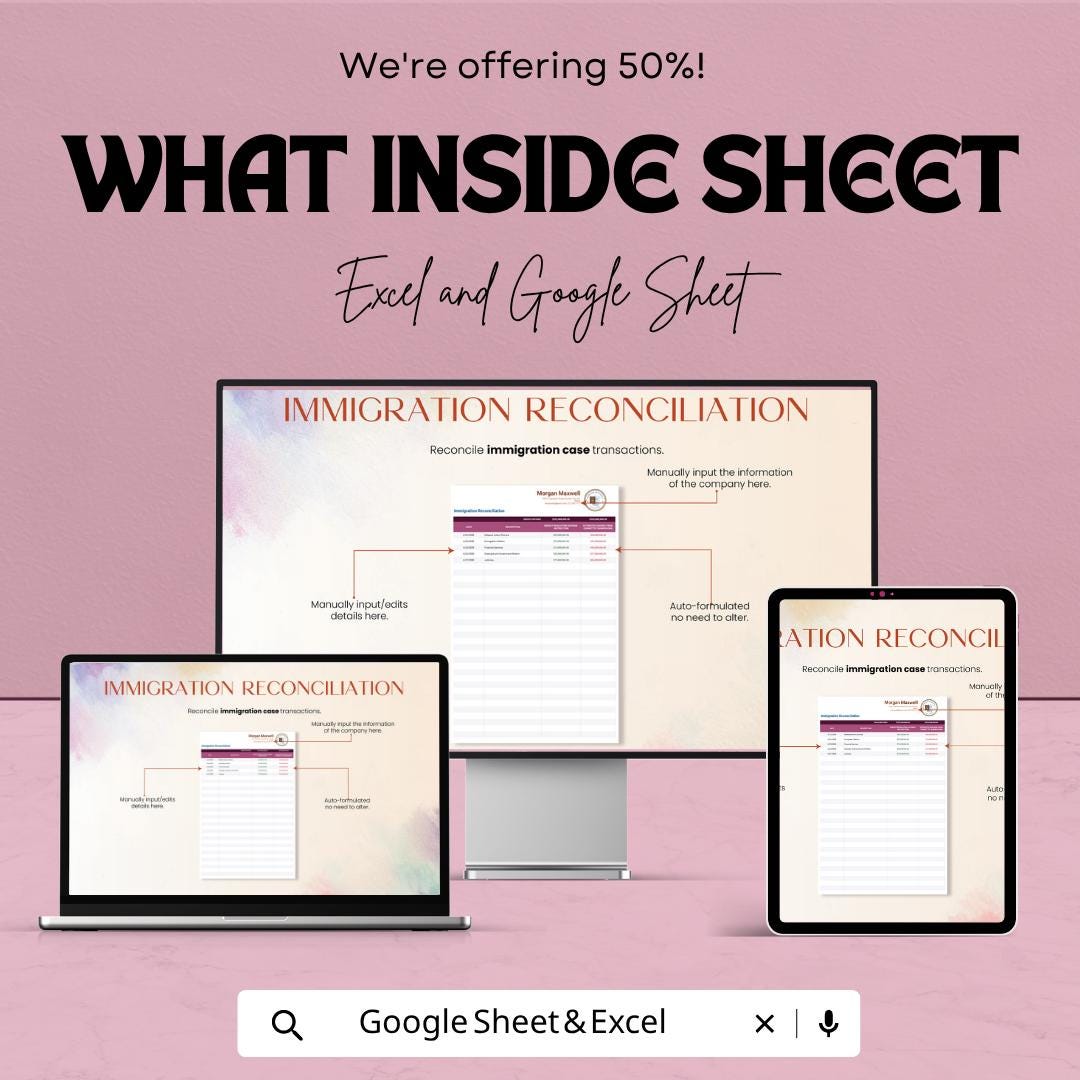Immigration Reconciliation Template | Immigration Case Tracker Spreadsheet | Visa & Document Organizer | Excel and Google Sheets |