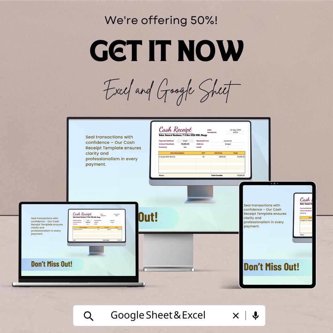 Cash Receipt Template | Excel & Google Sheets | Editable Business Receipt | Payment Record Template | Printable Cash Receipt