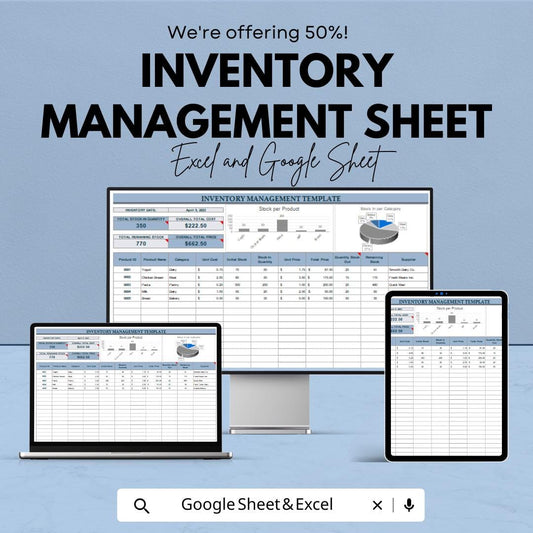 Efficient Inventory Management Sheet - Excel & Google Sheets Template for Inventory Tracking, Stock Control, and Product Analysis