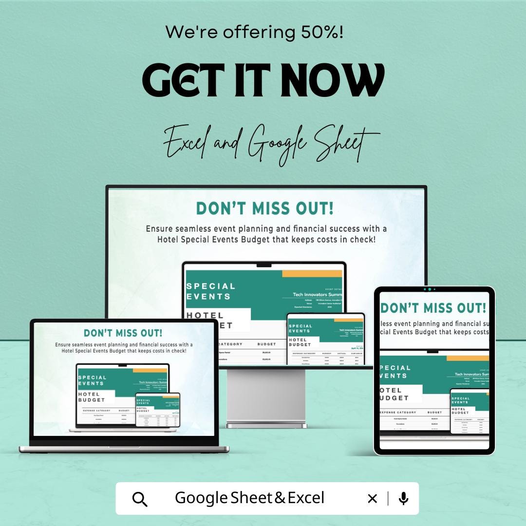 Hotel Special Events Budget Template, Event Budget Spreadsheet, Hotel Event Planner, Cost Tracker,  Hospitality Budget Tool