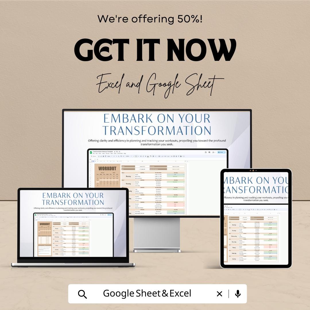 Transformation Workout Template | Fitness Planner Spreadsheet | Weekly Workout Tracker | Gym Training Log
