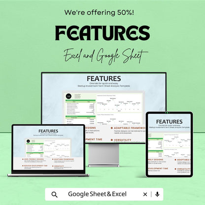 Startup Investment Term Sheet Analysis - Excel & Google Sheet Template for Investment Distribution, Equity Trends, and Financial Analysis