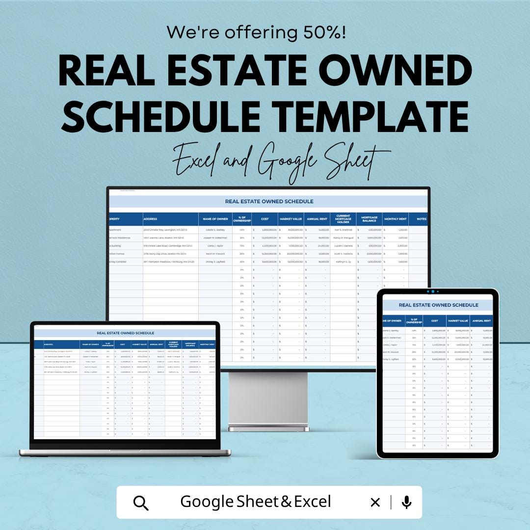Real Estate Owned Schedule Template | Rental Property Tracker | Property Management Spreadsheet | Excel Google Sheets | Investment Tracker