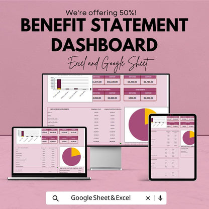 Benefit Statement Dashboard - Excel and Google Sheet | Employee Benefits Tracking & Analysis | Company Benefits Dashboard Template